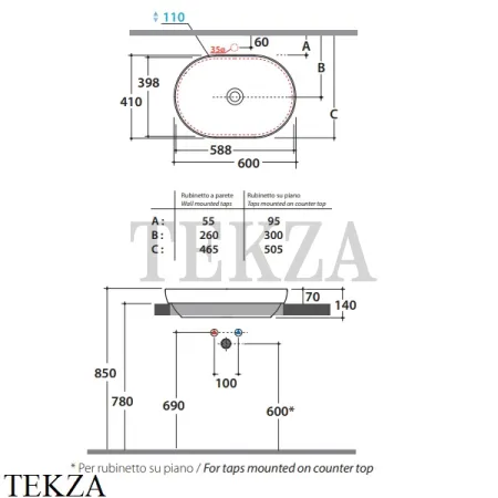 GLOBO T-EDGE Раковина накладная-полувстраиваемая B6O61BI, белый глянец