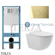 Aqueduto OVO Plus Комплект унитаза торнадо c инсталляцией, кнопка шлиф.золото AQDS322T, Белый глянец