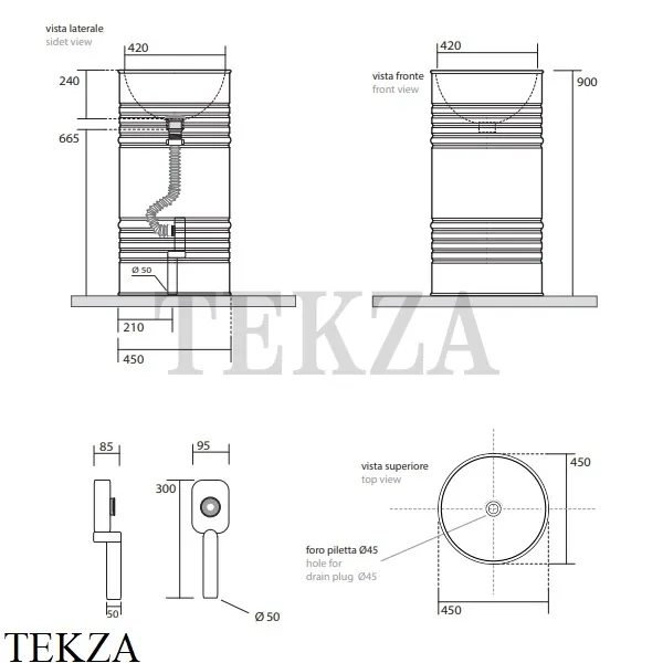 Kerasan Artwork Раковина свободностоящая BARREL, слив в пол, сифон, 4742K01 белый глянец