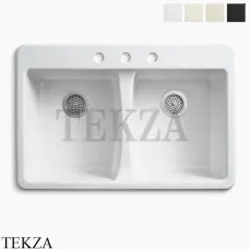 Kohler Deerfield Мойка для кухни встраиваемая сверху с двумя чашами, 3 отверстия, чугун K-5873-3-0, белый глянец Kohler Deerfield Мойка для кухни встраиваемая сверху с двумя чашами, 3 отверстия, чугун K-5873-3-0, белый глянец