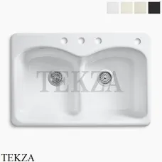 Kohler Langlade Мойка для кухни встраиваемая сверху с двумя чашами, 4 отверстия, чугун K-6626-4-0, белый глянец