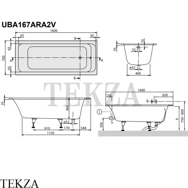 Villeroy & Boch ARCHITECTURA Ванна встраиваемая UBA167ARA2V-01, акрил, белый глянец