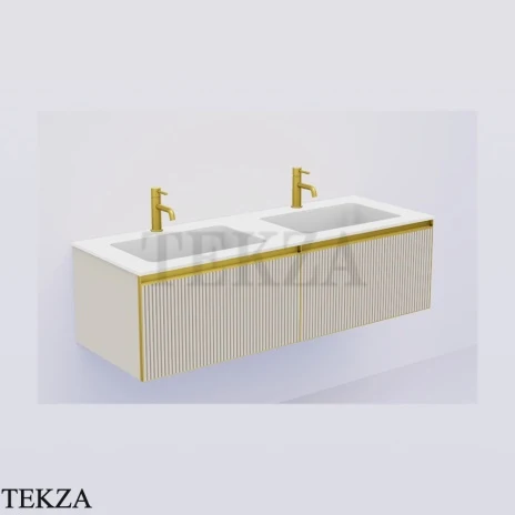 ARMADI ART QUATRO Тумба под раковину 140 см с внутренней подсветкой 790-M2-140(70+70)-R-C-M+L, CASHMERE (кашемир) FUGA (рифлёный фасад), профиль MATT GOLD (матовое золото)