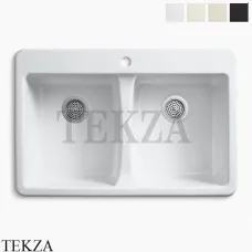 Kohler Deerfield Мойка для кухни встраиваемая сверху с двумя чашами, 1 отверстие, чугун K-5873-1-0, белый глянец