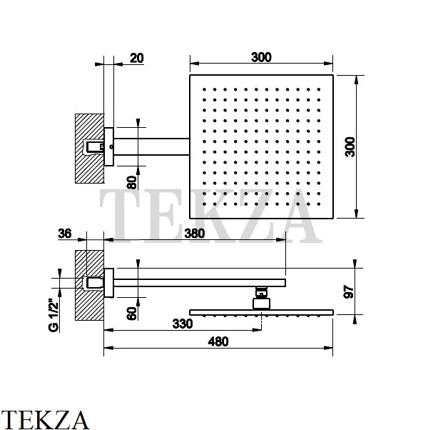 Gessi Rettangolo shower Верхний душ с кронштейном 15185-030, Copper глянец PVD