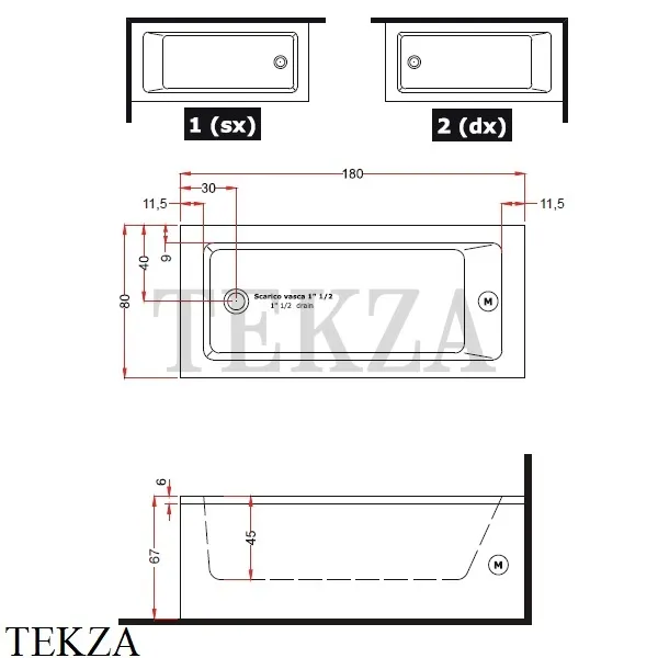 Gruppo Treesse DREAM 180 Акриловая ванна прямоугольная V8381, белый глянец