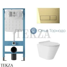 Aqueduto CONE Plus Комплект унитаза торнадо c инсталляцией, кнопка шлиф.золото AQDS254T, Белый глянец