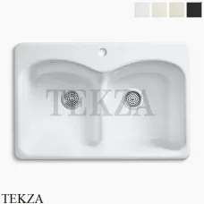 Kohler Langlade Мойка для кухни встраиваемая сверху с двумя чашами, 1 отверстие, чугун K-6626-1-0, белый глянец