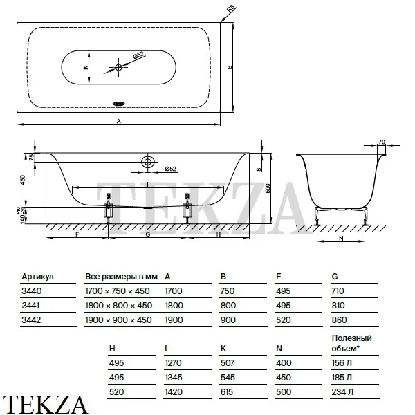 BETTE BetteLux Ванна прямоугольная из стали 3441-000, система антишум, белый глянец