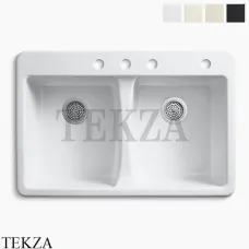 Kohler Deerfield Мойка для кухни встраиваемая сверху с двумя чашами, 4 отверстия, чугун K-5873-4-0, белый глянец