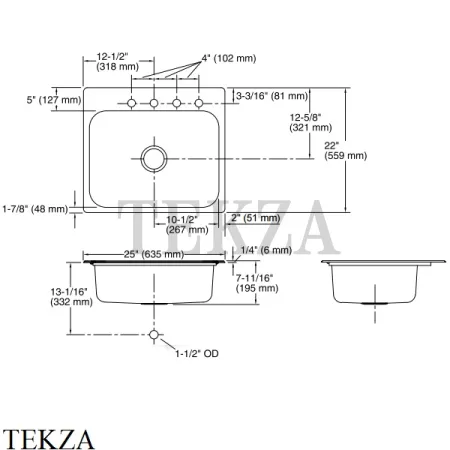 Kohler Toccata Мойка для кухни с 4 отв. под смеситель K-3348-4-NA, нержавеющая сталь