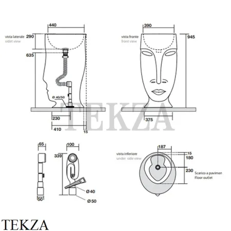 Kerasan Artwork Moloco Раковина напольная с отв. для слива в пол, 4741K04 черный глянцевый