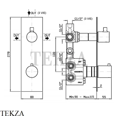 Zucchetti PAN Термостат для душа, 2-3 выхода, внешняя часть ZT28646, хром глянец