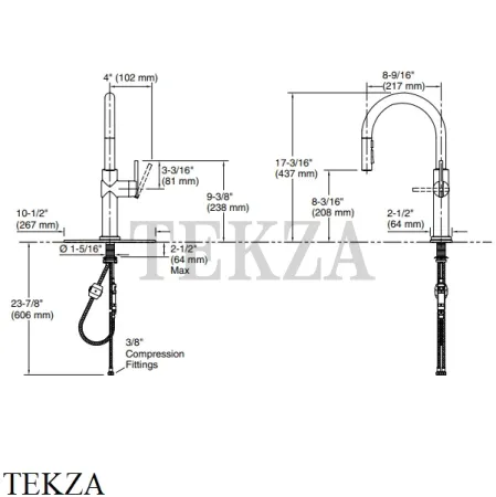Kohler CRUE Смеситель для кухни с душем, 2 типа струи K-22972-VS, яркая нержавеющая сталь