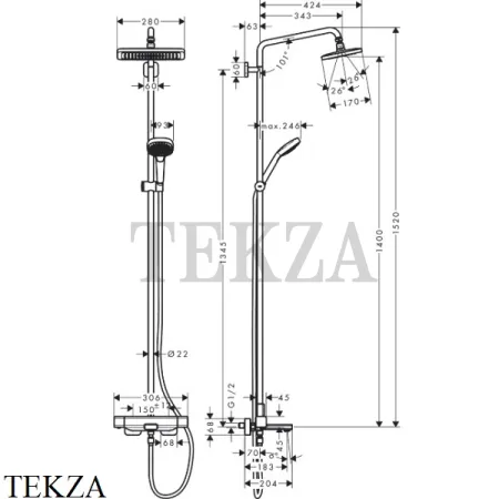 Hansgrohe Croma E Showerpipe 280 Душевая колонна с термостатом и изливом 27687000, хром глянец