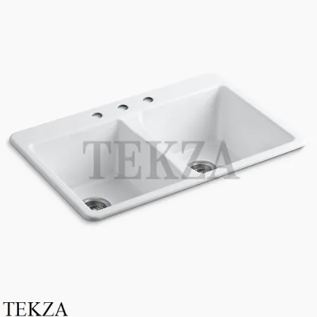 Kohler Deerfield Мойка для кухни встраиваемая сверху с двумя чашами, 3 отверстия, чугун K-5873-3-0, белый глянец