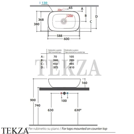 GLOBO T-EDGE Раковина накладная B6R60SK, без перелива, Smoke