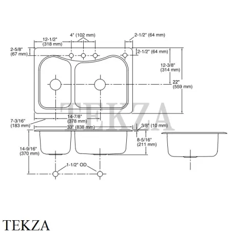 Kohler Staccato Мойка для кухни с 4 отв. под смеситель K-3361-4-NA, нержавеющая сталь