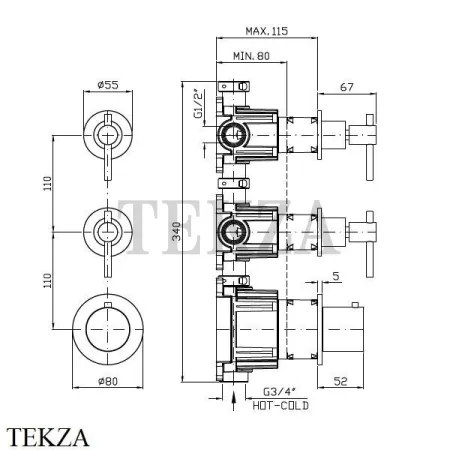 Zucchetti Helm Термостат для душа на 2 потока, внешняя часть ZHL802.XP31, английское золото brushed