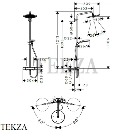 Hansgrohe Croma Select S Душевая колонна, термостат 280 1jet 26890340, черный хром