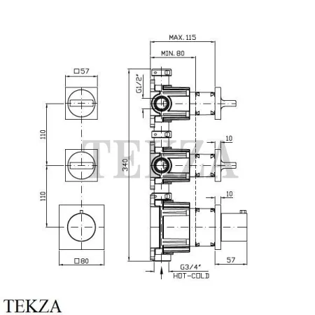 Zucchetti Aguablu Термостат для душа, 2 выхода, внешняя часть ZA5802.C3, brushed nickel