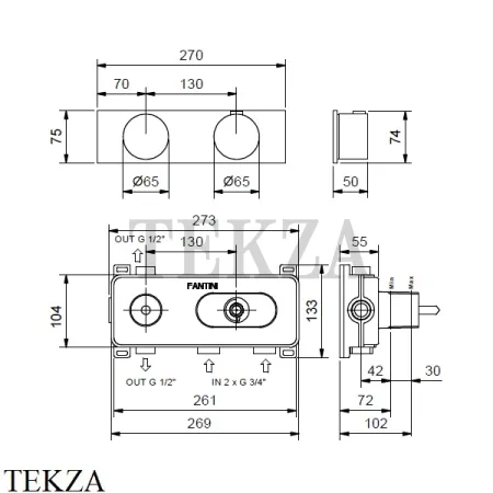 Fantini AF/21 Термостат для душа на 2 потока, внешняя часть 27P5A972B, Matt Gun Metal