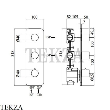 Bossini OKI Термостат для душа на 2, 3 потока, внешняя часть Z031204.030, хром глянец