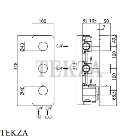 Bossini OKI Термостат для душа на 2, 3 потока, внешняя часть Z031204.030, хром глянец