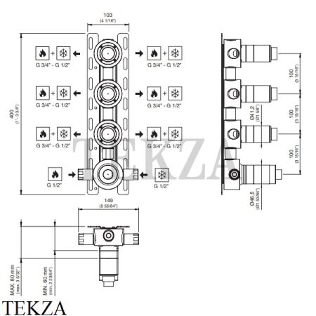 CEA Скрытая часть термостатического смесителя с 3 запорными вентилями UCS30