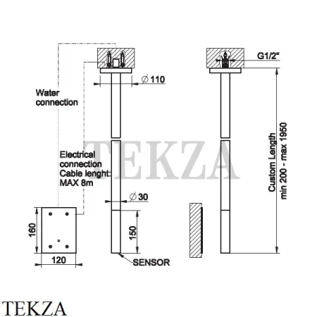 Gessi 316 FLESSA Потолочный электронный смеситель, под размер 54026-239, Steel Brushed