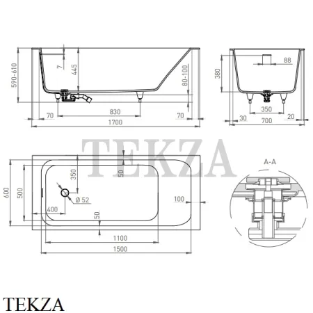 SALINI ORLANDA KIT Ванна встраиваемая S-Sense, щелевой слив 102111G, белый глянцевый