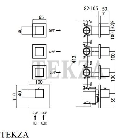 Bossini CUBE Термостат для душа на 3, 4, 5 потоков, внешняя часть Z032205.030, хром глянец