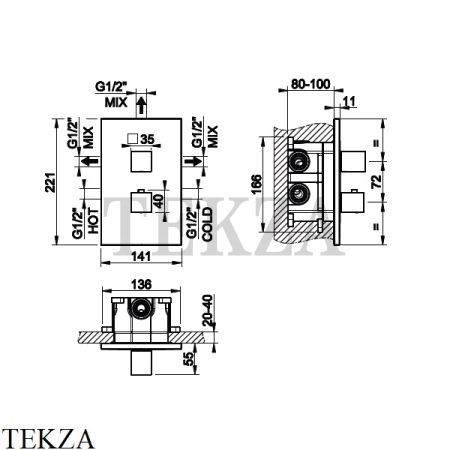 Gessi Rettangolo shower Термостат на 3 выхода, внешняя часть 20190#031, хром глянец