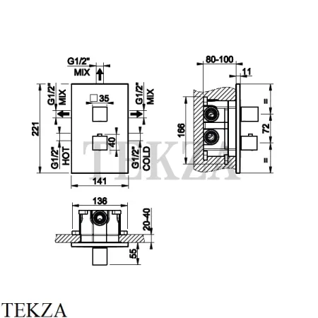 Gessi Rettangolo shower Термостат на 3 выхода, внешняя часть 20190-031, хром глянец