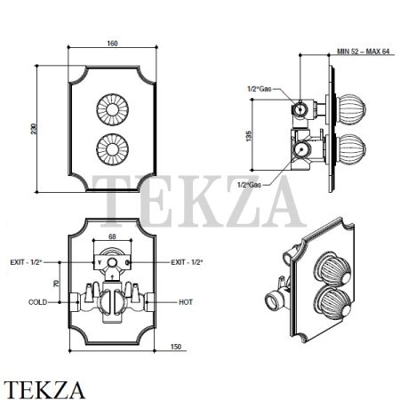 Bongio RIVOLI Термостат для душа на 2 потока, внешняя часть 05549CR.00, хром глянец