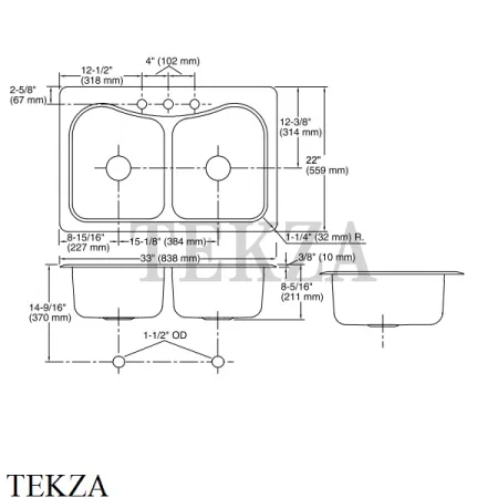 Kohler Staccato Мойка для кухни с 3 отв. под смеситель K-3369-3-NA, нержавеющая сталь