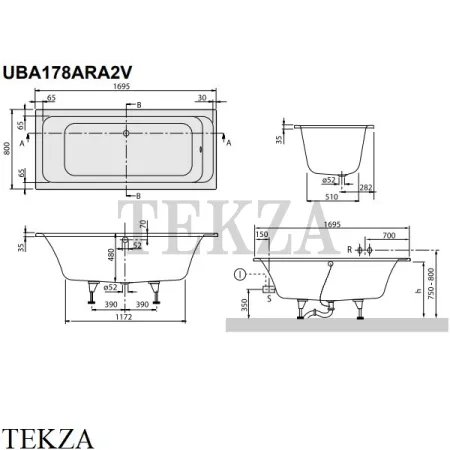 Villeroy & Boch ARCHITECTURA Ванна встраиваемая UBA178ARA2V-01, акрил, белый глянец