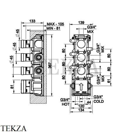 Gessi Скрытая часть для термостатического смесителя на 3 потребителя 43105-031