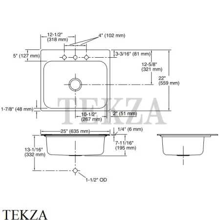 Kohler Toccata Мойка для кухни с 3 отв. под смеситель K-3348-3-NA, нержавеющая сталь