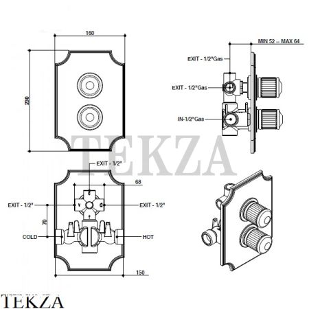 Bongio IMPERO Термостат для душа на 3 потока, внешняя часть 06549CR03, хром глянец