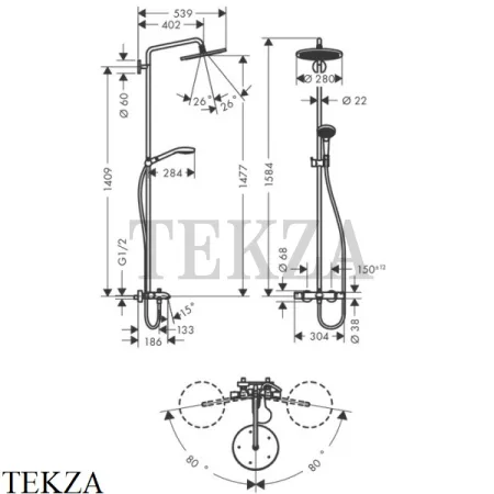 Hansgrohe Croma Select S 280 1jet Showerpipe Душевая колонна, термостат 26792000, хром глянец