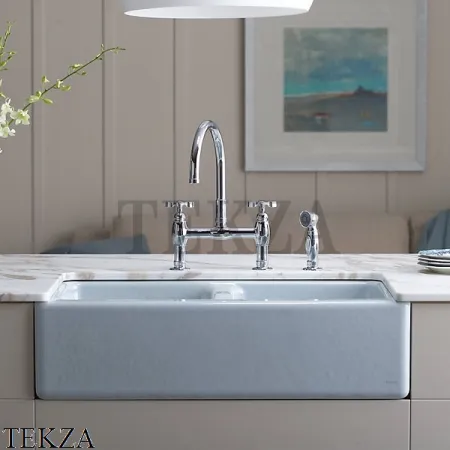 Kohler Hawthorne Мойка для кухни встраиваемая снизу с фартуком, 3 отверстия, чугун K-6534-4U-0, белый глянец