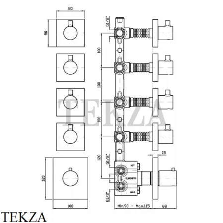Zucchetti PAN Термостат для душа, 4 выхода, внешняя часть ZP8662, хром глянец