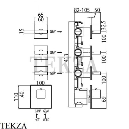 Bossini RECTANGULAR Термостат для душа на 3, 4, 5, 6 потоков, внешняя часть Z033205.030, хром глянец