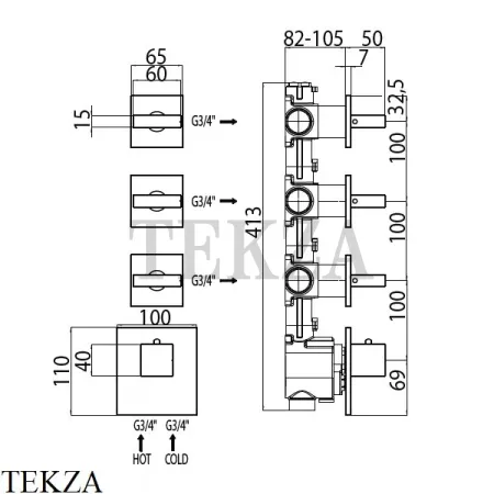 Bossini RECTANGULAR Термостат для душа на 3, 4, 5, 6 потоков, внешняя часть Z033205.030, хром глянец