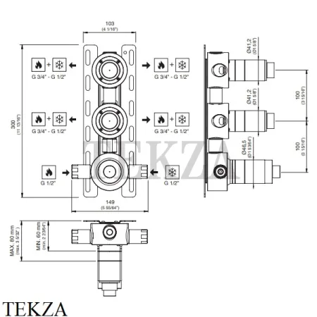 CEA Скрытая часть термостатического смесителя с 2 запорными вентилями UCS29