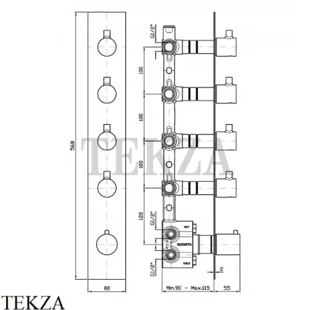 Zucchetti PAN Термостат для душа, 4 выхода, внешняя часть ZT28662, хром глянец