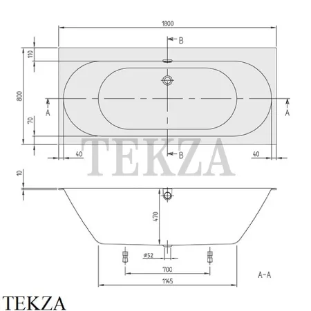 Villeroy & Boch Oberon 2.0 Ванна встраиваемая 180x80 слив перелив UBQ180OBR2DV-01, Quaryl, белый глянец
