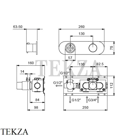 Fantini FONTANE BIANCHE Термостат для душа на 3 потока, внешняя часть 47P5P373B, Matt Gun Metal