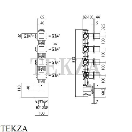 Bossini OKI Термостат для душа на 5 потоков, внешняя часть Z031208.030, хром глянец